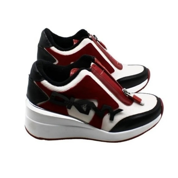 DKNY PARLAN ZIP UP RED/WHITE/BLACK WEDGE SNEAKERS - 7M. - Picture 5 of 7